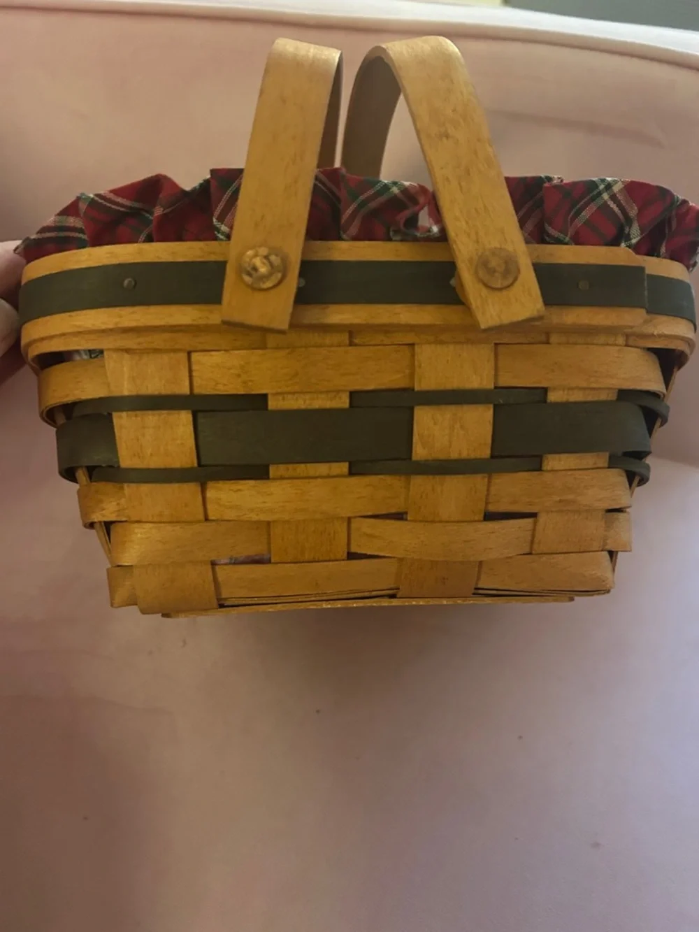 Longaberger Plaid Lined Wooden Basket with Dual swinging Handles - Red